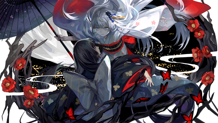 Anime girls in kimonos with butterflies and flowers