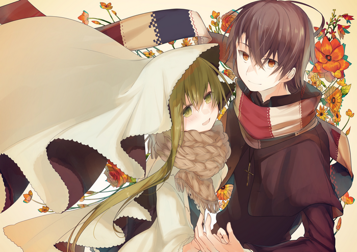 Anime couple with flowers and scarves