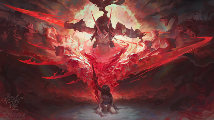 Anime characters with red energy and weapons