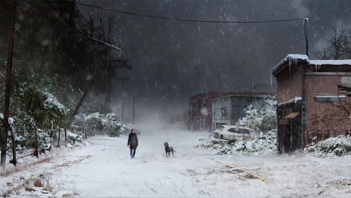 Ellie and dog in snow from The Last of Us