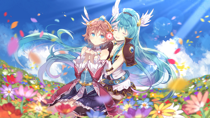 Two anime girls in a flower field under a blue sky