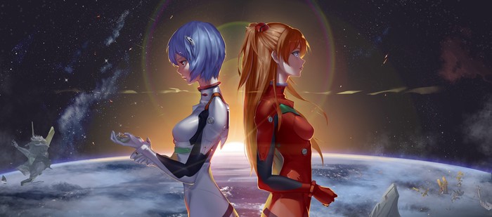 4K Neon Genesis Evangelion: Rei and Asuka in Space