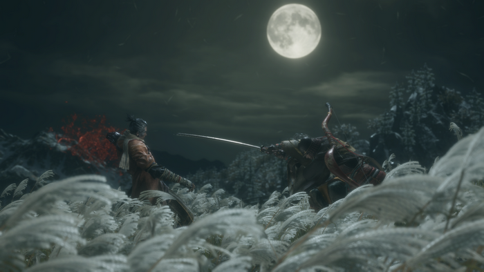 Sekiro: Shadows Die Twice warrior fighting under the moon