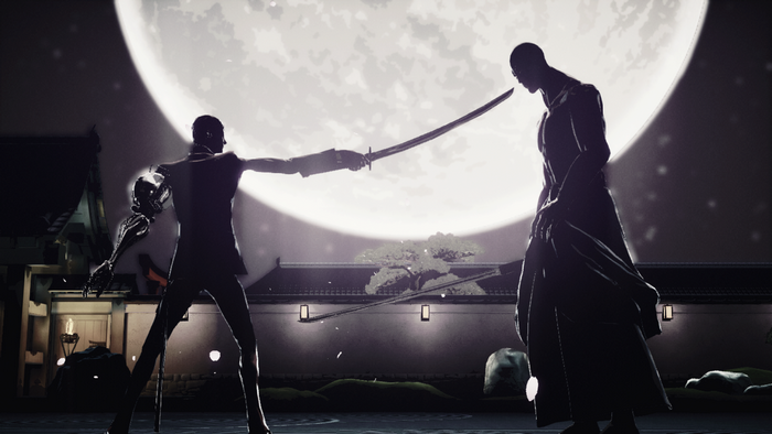 Two men with swords in front of a large moon