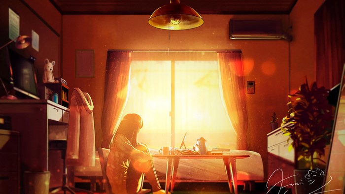 Anime girl watching sunrise in a room