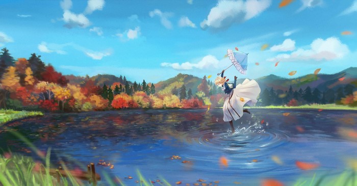 Violet Evergarden with Umbrella in Autumn Lake
