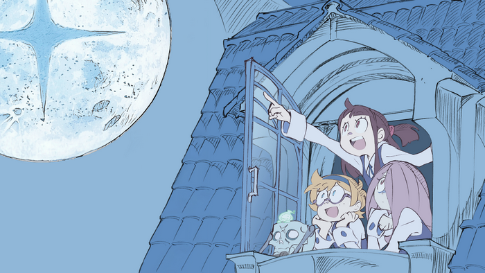 Akko and friends from Little Witch Academia looking at the moon