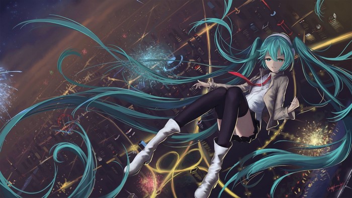Hatsune Miku floating in a city at night