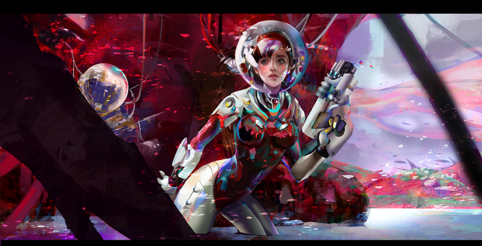 Woman in a space suit holding a gun