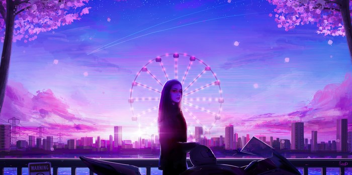 Woman and motorcycle with Ferris wheel and cityscape
