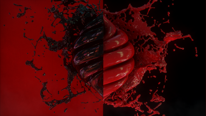 Abstract red and black liquid splashes with twisted form