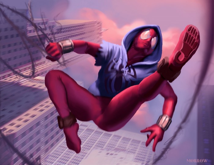 Scarlet Spider swinging through a city