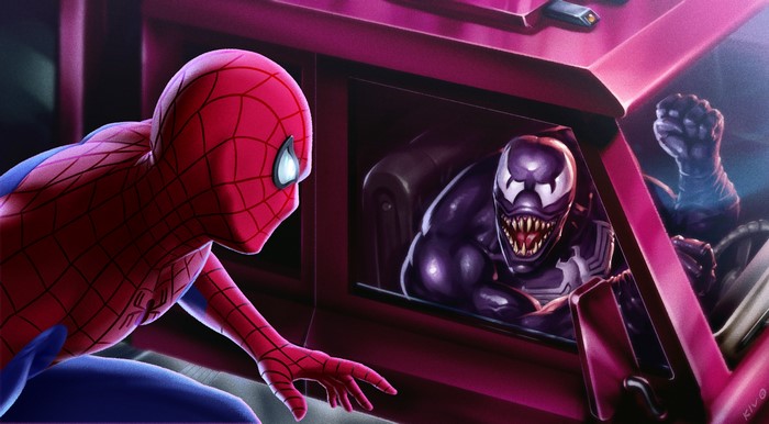 Spider-Man and Venom in a vehicle