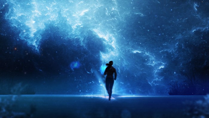 Woman running through a blue nebula in space
