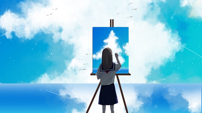 Anime girl painting a sky with clouds on a canvas