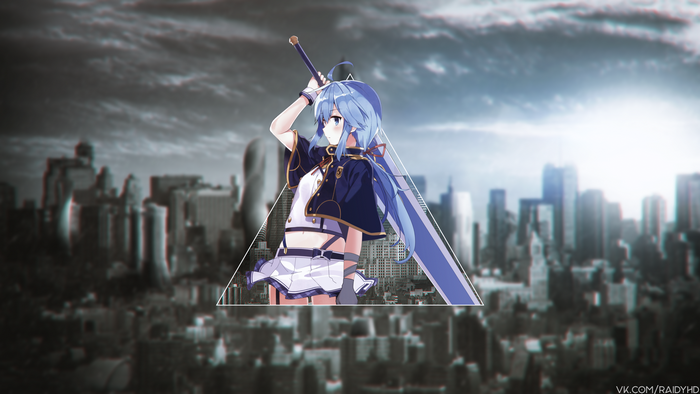 Anime girl with blue hair and sword in city