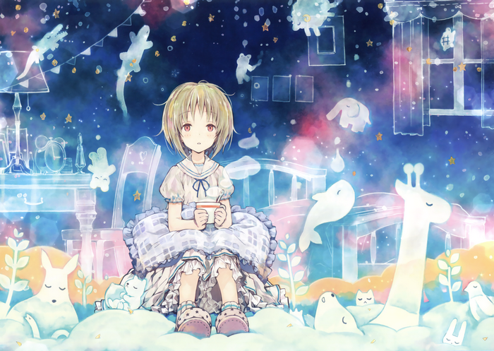 Anime girl with cup in a dreamlike starry sky
