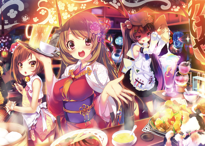 Anime girls serving food and drinks at a festival stall
