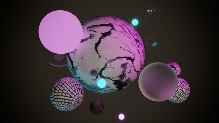 Abstract 3D render with spheres and geometric shapes