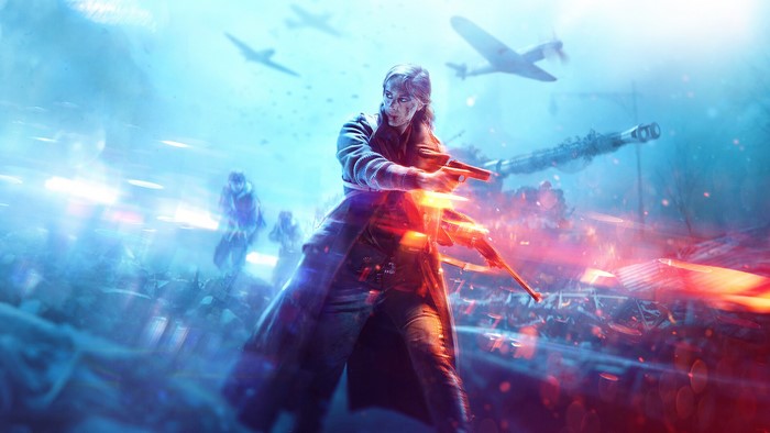 Battlefield V soldier with pistol and planes