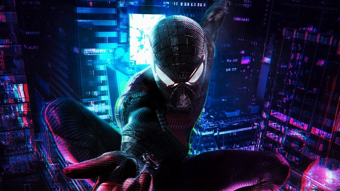 Spider-Man Digital Art in Neon Cityscape