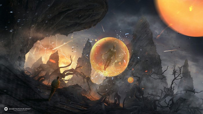 Man watches person in energy sphere during meteor shower
