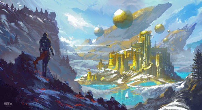 Futuristic landscape with golden structures and floating spheres