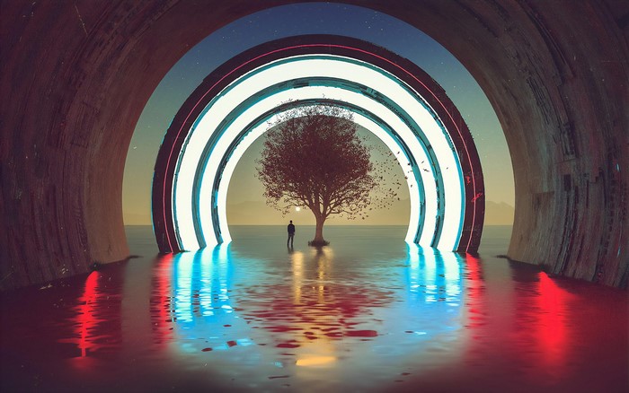 Man standing by a tree in a surreal tunnel with neon lights
