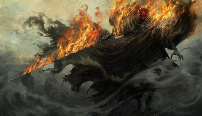 Demon with flaming sword and dark cloak
