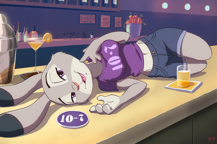 Judy Hopps from Zootopia lying on a bar counter