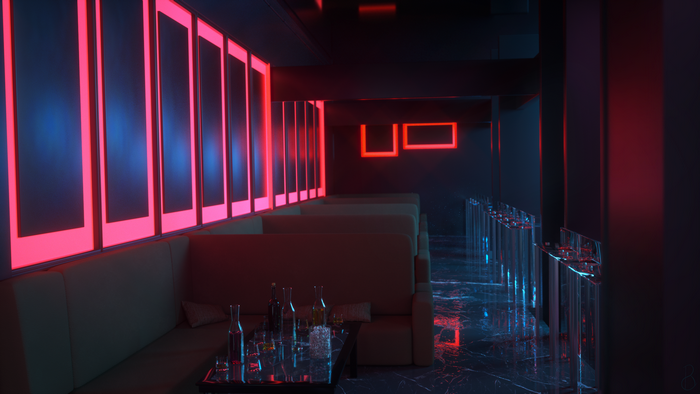 Nightclub interior with neon lights and seating
