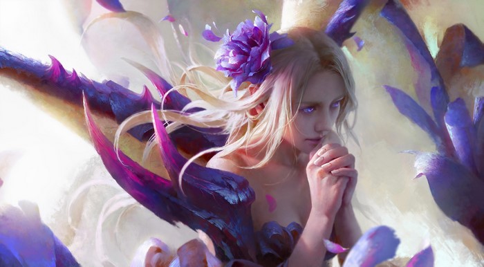 Fantasy girl with blonde hair and purple eyes praying