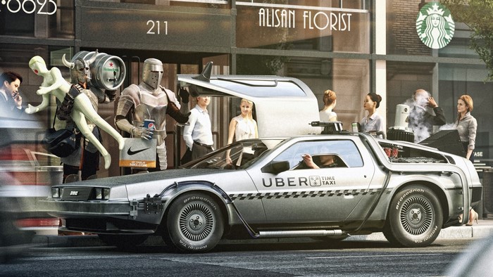 DeLorean Time Machine Uber Taxi with Knight and Viking