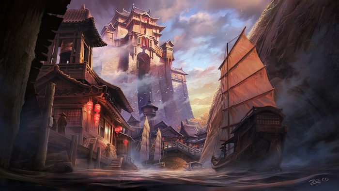 Fantasy Asian city with a large palace and a ship