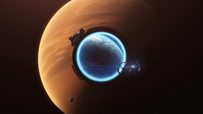 Space station orbiting a gas giant with a planet visible