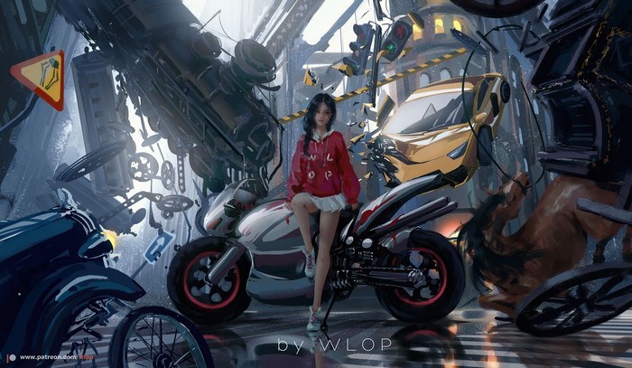 Girl on a motorcycle in a destroyed city