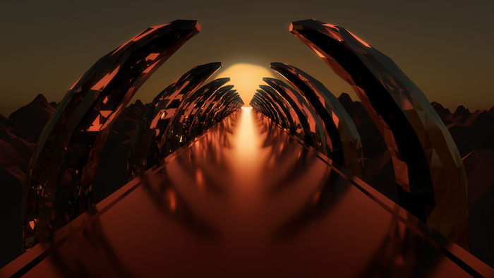 3D Abstract Sunset Landscape with Crystal Structures