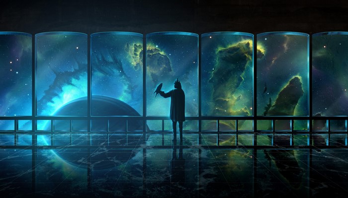 Silhouette of a person holding a falcon in an observatory overlooking a nebula