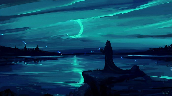 Crescent Moon Over Cyan Night Lake