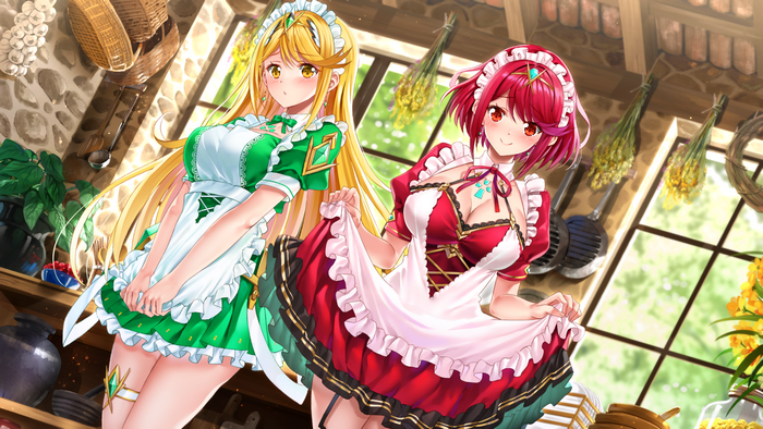 Mythra and Pyra from Xenoblade Chronicles 2 in maid outfits