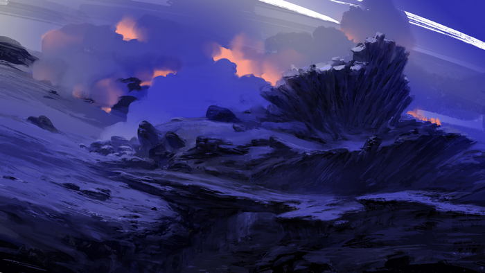 Digital artwork of a rocky landscape with purple clouds and orange light