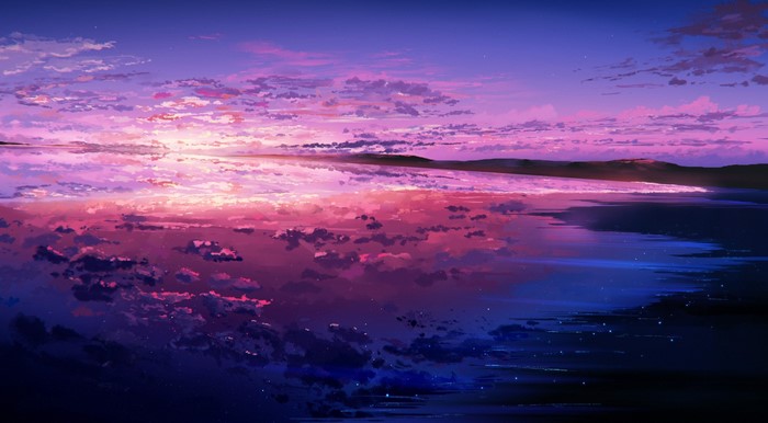 Digital art of a sunset over the sea with reflections