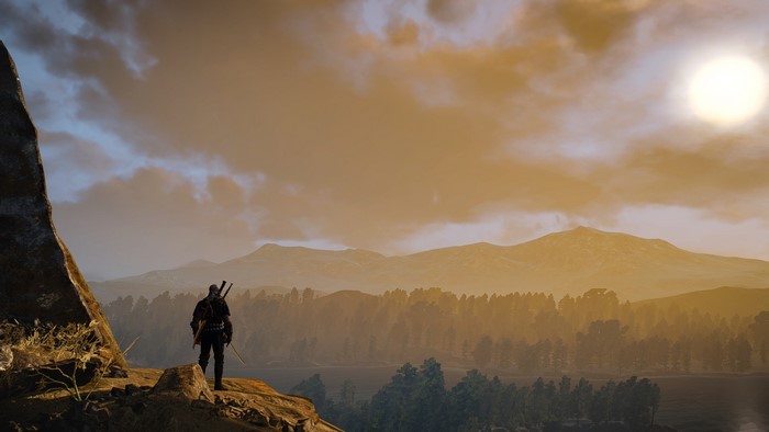 Geralt of Rivia from The Witcher 3: Wild Hunt at sunset