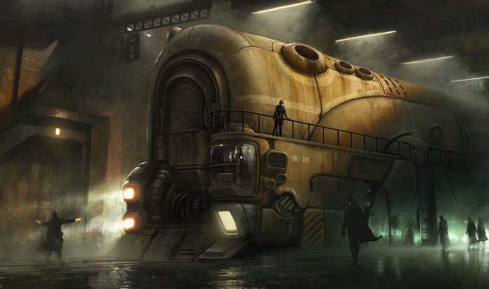 Steampunk Locomotive in Misty Station