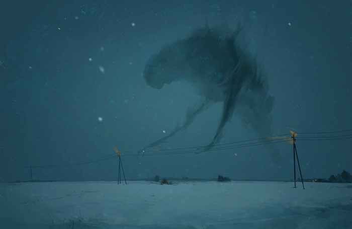 A shadowy creature looms over a snowy landscape with power lines
