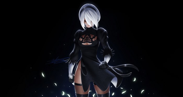 2B from Nier: Automata standing in darkness
