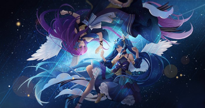 Two anime girls with wings in space
