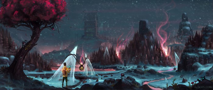 Fantasy landscape with a lone traveler