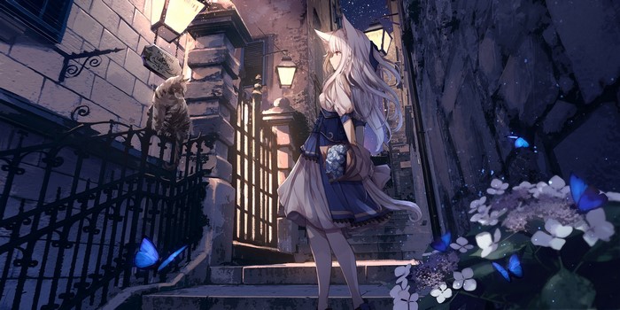Anime girl with animal ears and flowers in a city at night