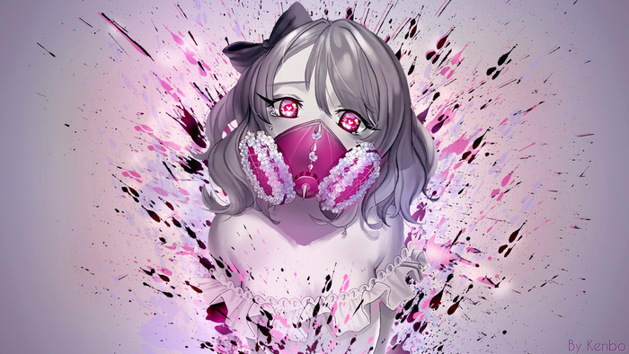 Anime girl with pink gas mask and paint splatter
